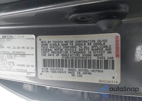 2002 Toyota Camry Se z USA, uszkodzony, nr VIN JTDBE32K820082573